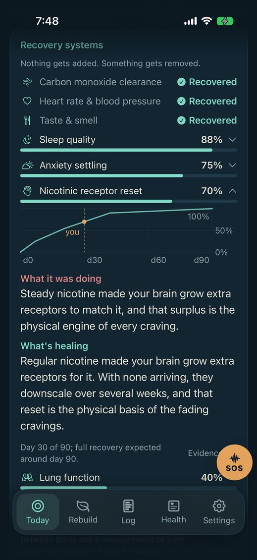 The Recovery systems card on Today. Carbon monoxide
clearance, heart rate and blood pressure, and taste and
smell are marked Recovered; sleep quality reads 88
percent and anxiety settling 75. Nicotinic receptor
reset, at 70 percent, is open to its curve from day zero
to day ninety with a marker labelled you at day 30.
Below it, What it was doing and What's healing explain
the extra receptors and their reset, over the note Day
30 of 90.