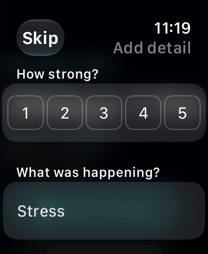The watch's Add detail sheet, after the press has logged
the craving: How strong? over five numbered chips, 1 to 5,
then What was happening? with Stress as the first answer,
and a Skip button at the top.