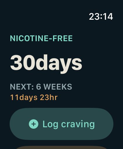 A quit on an Apple Watch. The word NICOTINE-FREE over a
running count of 30 days. NEXT: 6 WEEKS, 11 days 23
hours away, and a Log craving button below.